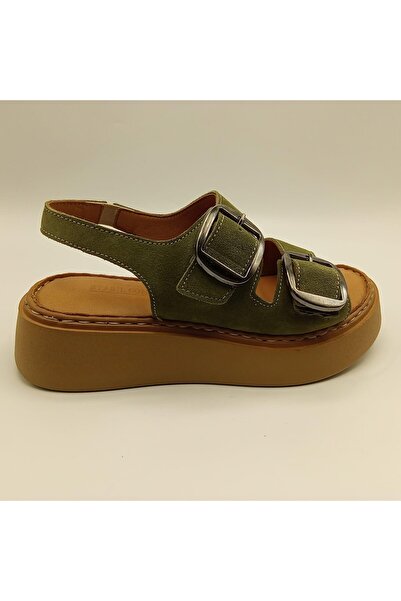 Ametist صندل حصري ذو نعل سميك من جلد الغزال الكاكي |   راحة من الجلد الطبيعي ...