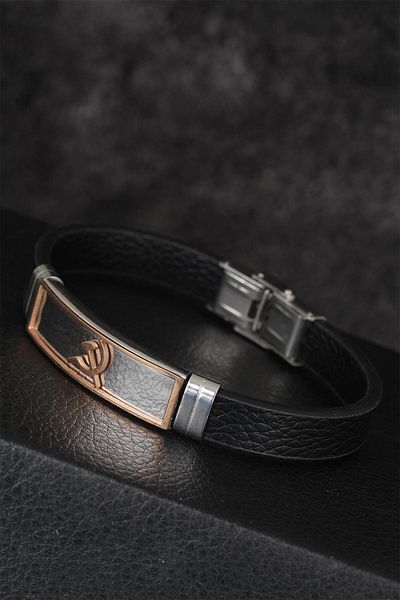 callerrons accessories Rose Color Sickle Figured Black Color Leather Men's Bracelet with Metal Accessories - Ebj250711W36600