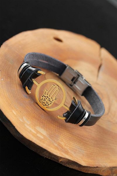 callerrons accessories Gold Color Metal Fatma Ana Hand Design Black Color Leather Men's Bracelet - Ebj250711W36602