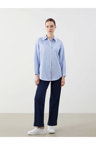 LC Waikiki Lcw modest ecru striped Oversized poplin women's shirt tunic