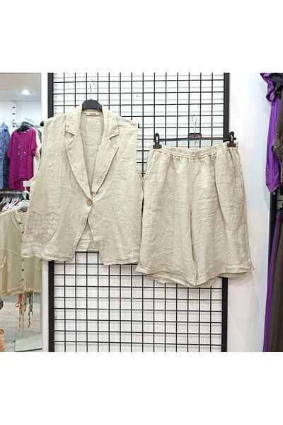Butik Şans Heart Figure Detailed Vest Shorts Italian Linen Suit