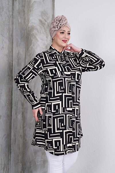 Polologin Butik قميص تونيك بنمط المتاهة باللونين الأبيض والأسود