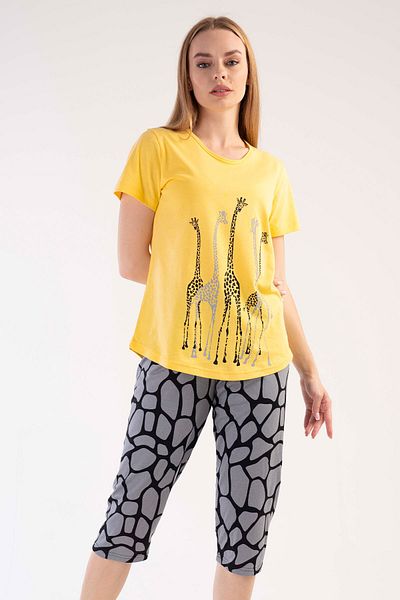 VİENETTA Cotton Women's Short Sleeve I Capri Pajama Set, 303291