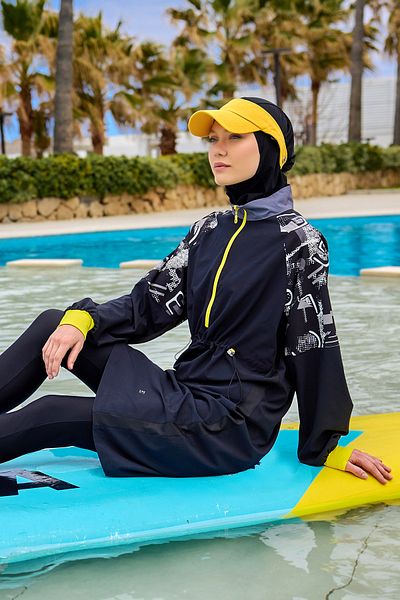 Marina Black Full Covered Hijab Swimsuit – Wrist Detailed, Stopped, Judge Collar Design M2512