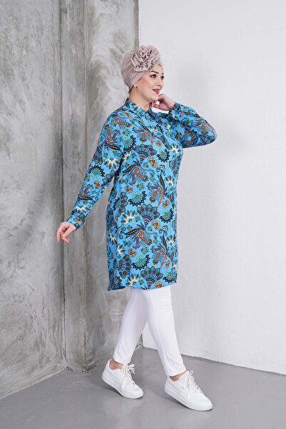 Polologin Butik Plant Patterned Blue Shirt Tunic