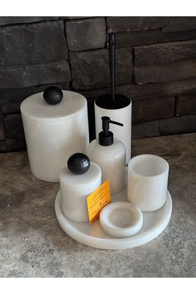 Polen Stone Natural Stone 7-Piece Marble Bathroom Set – White Marble & Matte Black Detailed |   Pollen Stone