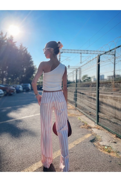 NK Striped Pink White - Slim Low Waist Pipe Leg Palazzo Pants