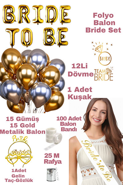 Baloncu Dede Gold Bride To Be Folyo Gold Gümüş Balon Gelin Bekarlığa Veda Par...
