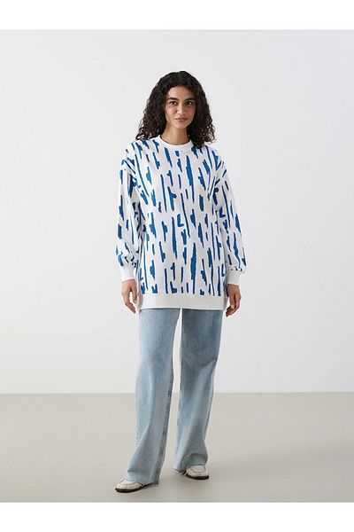 LC Waikiki Lcw Modest Blue Crew Neck Print Women's Sweatshirt Tunic
