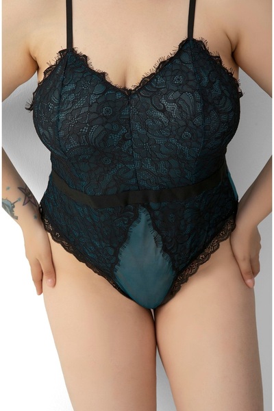 SİA LESS Plus Size Sexy Babydoll Nightdress with Lace Green Tulle Detail