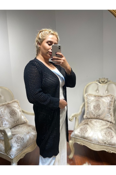 Gokilibutik Women's Summer Black Hollowed Mesh Long-Sleeved Long Cardigan