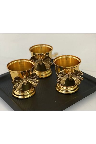 SEVA ÇELİK DECORATIVE 3-PIECE GOLD COLOR ROSE BUCKET WITH BUTTERFLY LUXURY