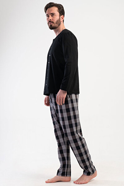 VİENETTA Cotton Men's Plus Size All Button Long Sleeve Pajamas Suit , 409191