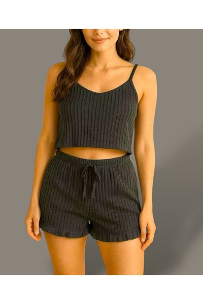 SATTENS Summer Drawstring Strap Shorts Women's Crop Ruffle Shorts Suit