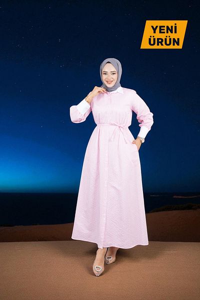 Cochines Women's Candy Pink Long White Shirt Collar Striped Sash Belt Evening Dress Hijab Dress