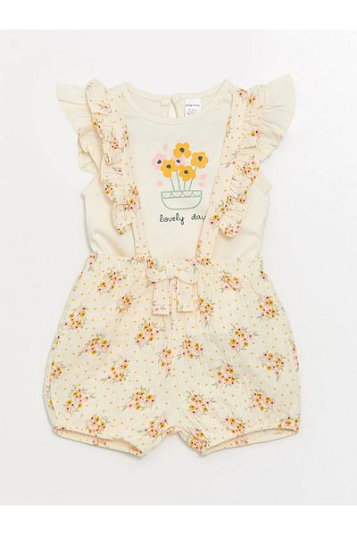 LC Waikiki Lcw Baby Ecru Crew Neck Short Sleeve Floral Baby Girl Blouse and Shorts 2-Piece Set