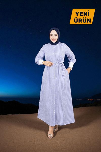Cochines Rochie de seară pentru femei, albastru bleumarin, lungă, albă, cu centură în dungi, rochie hijab