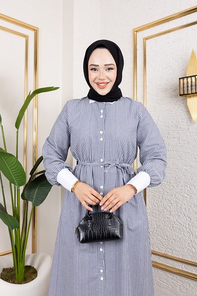 Cochines Women's Navy Blue Long White Shirt Collar Striped Girdle Belt Evening Dress Hijab Dress