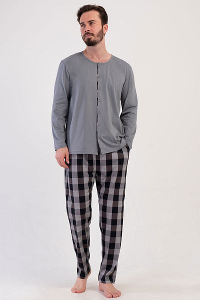 VİENETTA Cotton Men's Plus Size All Button Long Sleeve Pajamas Suit , 409191