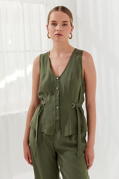 Naar Women's Regular Fit Belt Detailed V-Neck Sleeveless Khaki Vest Naar12723-Khaki