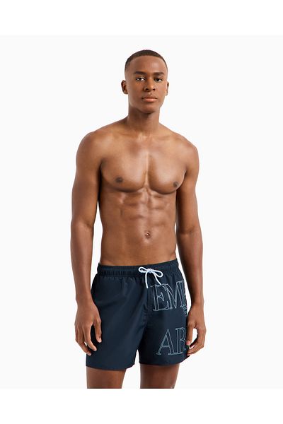 Emporio Armani Men's Elastic Tie Waist Short Length Brand Lettering Pattern Navy Blue Swimsuit Em000583 Af12326-Ub102