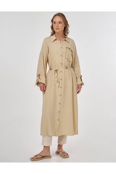 Kayra Linen Viscose Tunic Beige with Embroidery Detail
