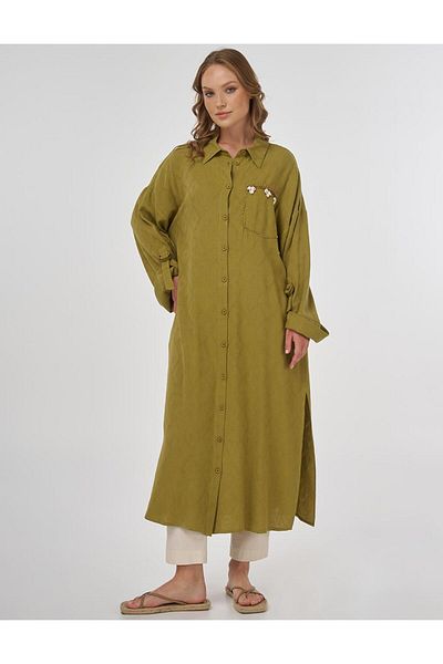 Kayra Linen Viscose Tunic Khaki with Embroidery Detail