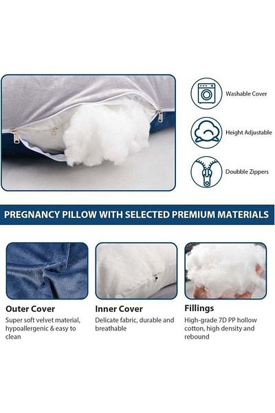 Lumely 155cm Long Maternity Pillows,U Shape Full Body Pillow,Cooling Cover Blue&Grey,Pregnancy Must Haves