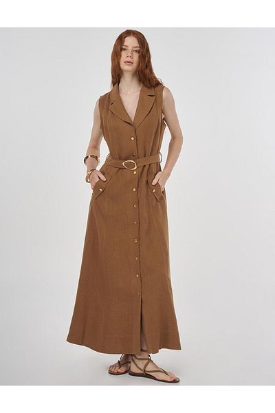 Kayra 100% Linen Dress Dark Olive