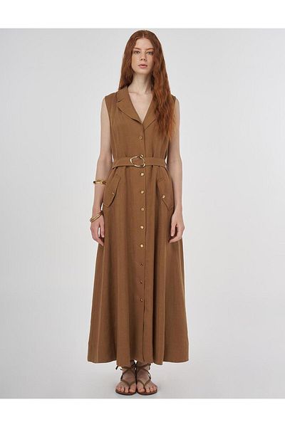 Kayra 100% Linen Dress Dark Olive