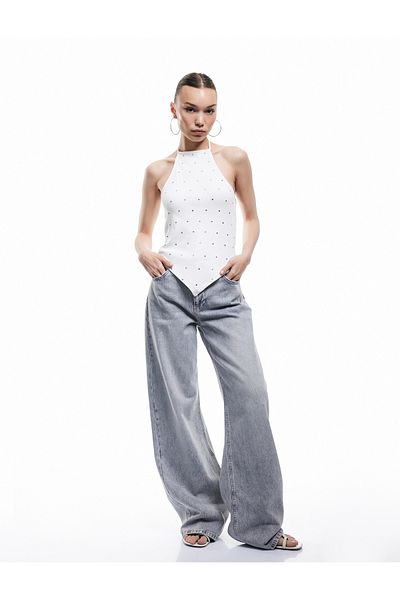 Koton New Season Stone Detailed Slim Fit Asymmetrical Halter Neck Sleeveless Halter Neck Blouse