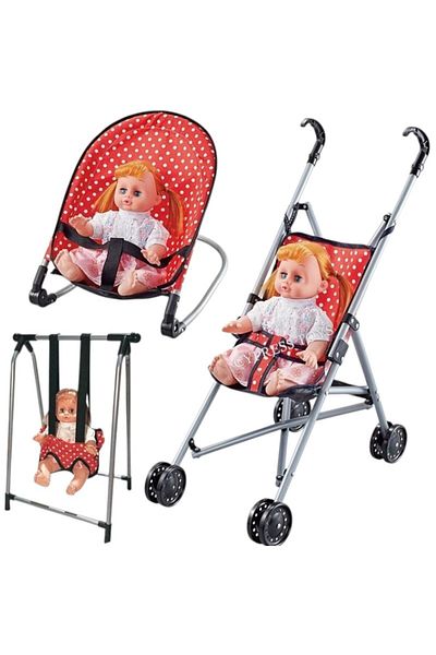 Toybox 3 in 1 Pretend Play Toy Doll Stroller Set Baby Play House (Plastic Stroller, Swing, Baby Bouncer)