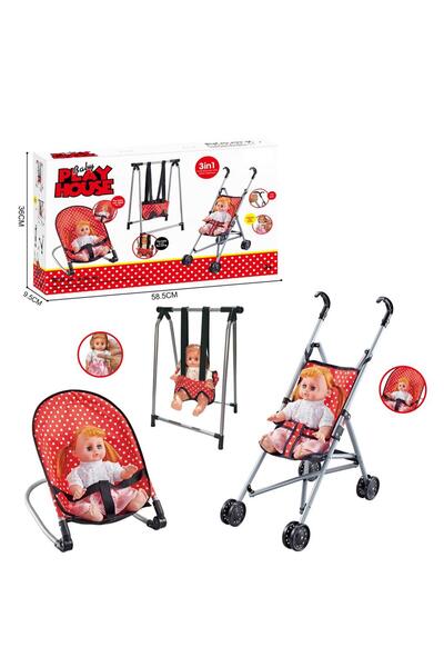 Toybox 3 in 1 Pretend Play Toy Doll Stroller Set Baby Play House (Plastic Stroller, Swing, Baby Bouncer)