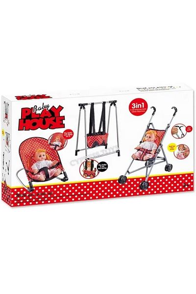 Toybox 3 in 1 Pretend Play Toy Doll Stroller Set Baby Play House (Plastic Stroller, Swing, Baby Bouncer)