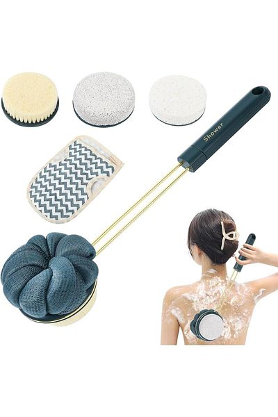 COOYA 5PCS Long Handle Bath Brush Set-Back Scrubber with Comfort Grip&Foot Stone,Green