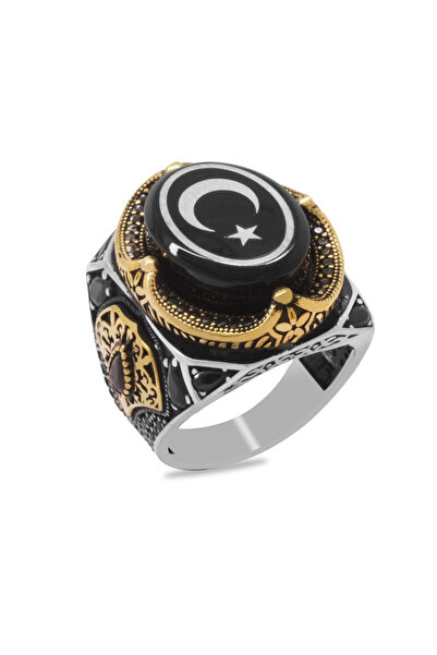 Tesbihane Erzurum Oltu Taşı Üzeri Ayyıldız İşlemeli Kenarları Zirkon Koleksiyonluk 925 Ayar Gümüş Erkek Yüzük