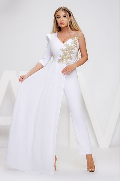 Atmosphere Fashion White jumpsuit with train and gold embroidery