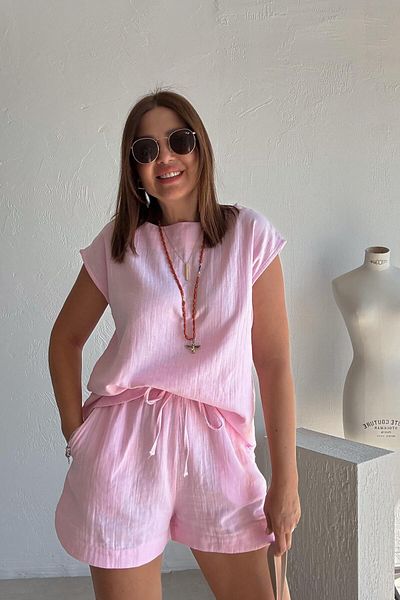 ELVAN TOLON Pink Sleeveless Shorts Linen Suit