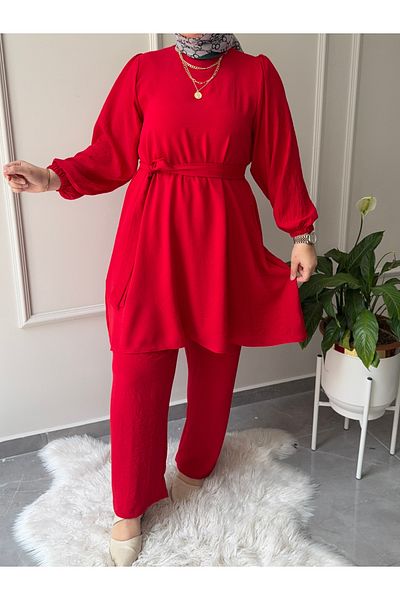 afife Plus Size Aerobine Fabric Tetture Double Tunic Pants Set