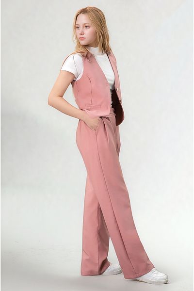 Asortix Girl's 2 Piece Set with Buttoned Vest and Wide Leg Pants