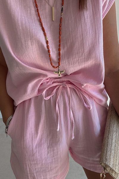 ELVAN TOLON Pink Sleeveless Shorts Linen Suit
