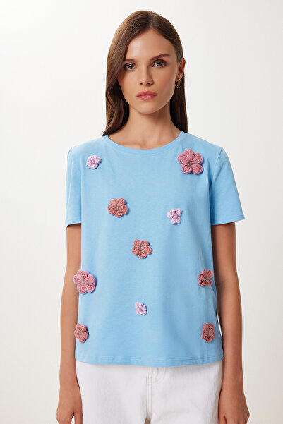 Lovelyİstanbul Βαμβακερό εύκαμπτο πλεκτό μπλουζάκι με αξεσουάρ λουλουδιών