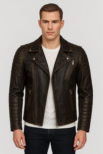 Deri Ceket Real Men's Biker Vintage Antique Leather Coat