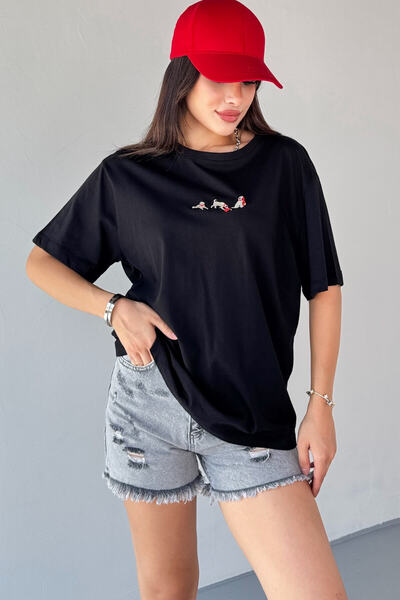 Cappmoda T-912 Black Dog Embroidered Crew Neck T-Shirt