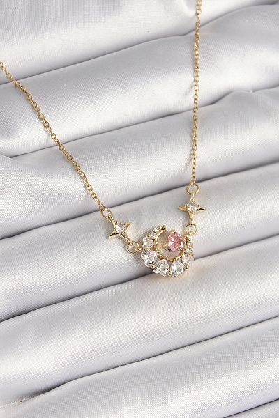 nazeninstoğu 316L Steel Gold Color Zircon Stone Crescent Pink Heart Model Women's Necklace
