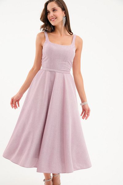 Lafaba Women's Powder Strap Glitter Midi Graduation Evening Dress