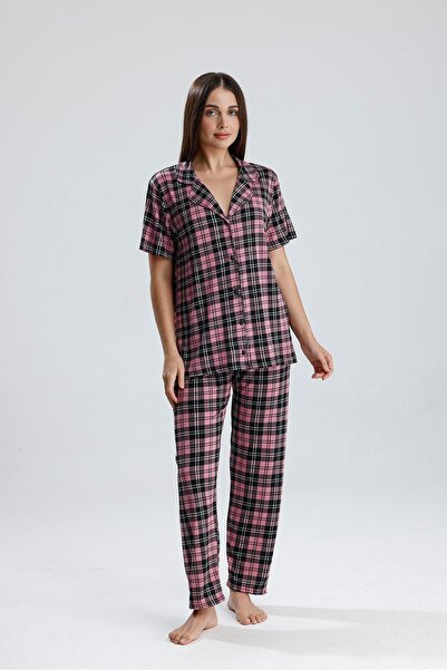 Kompedan Kadın Önden Düğmeli Pijama Takım Ekose Pembe