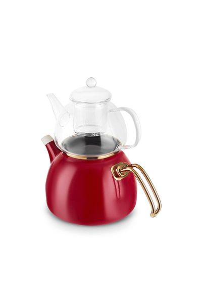 Karaca Aren Enamel Glass Teapot Midi Teapot Set Red