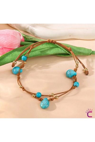 Cinderella Bohemian Style Turquoise Stone Natural Stone Braided Rope Anklet Bracelet - Adjustable Sea Beach Foot Jewelry