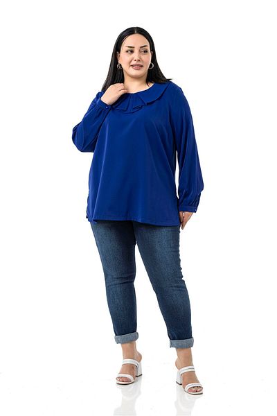 DISENTIS MODEST Plus Size Collar Pleated Side Slit Saks Blue Blouse